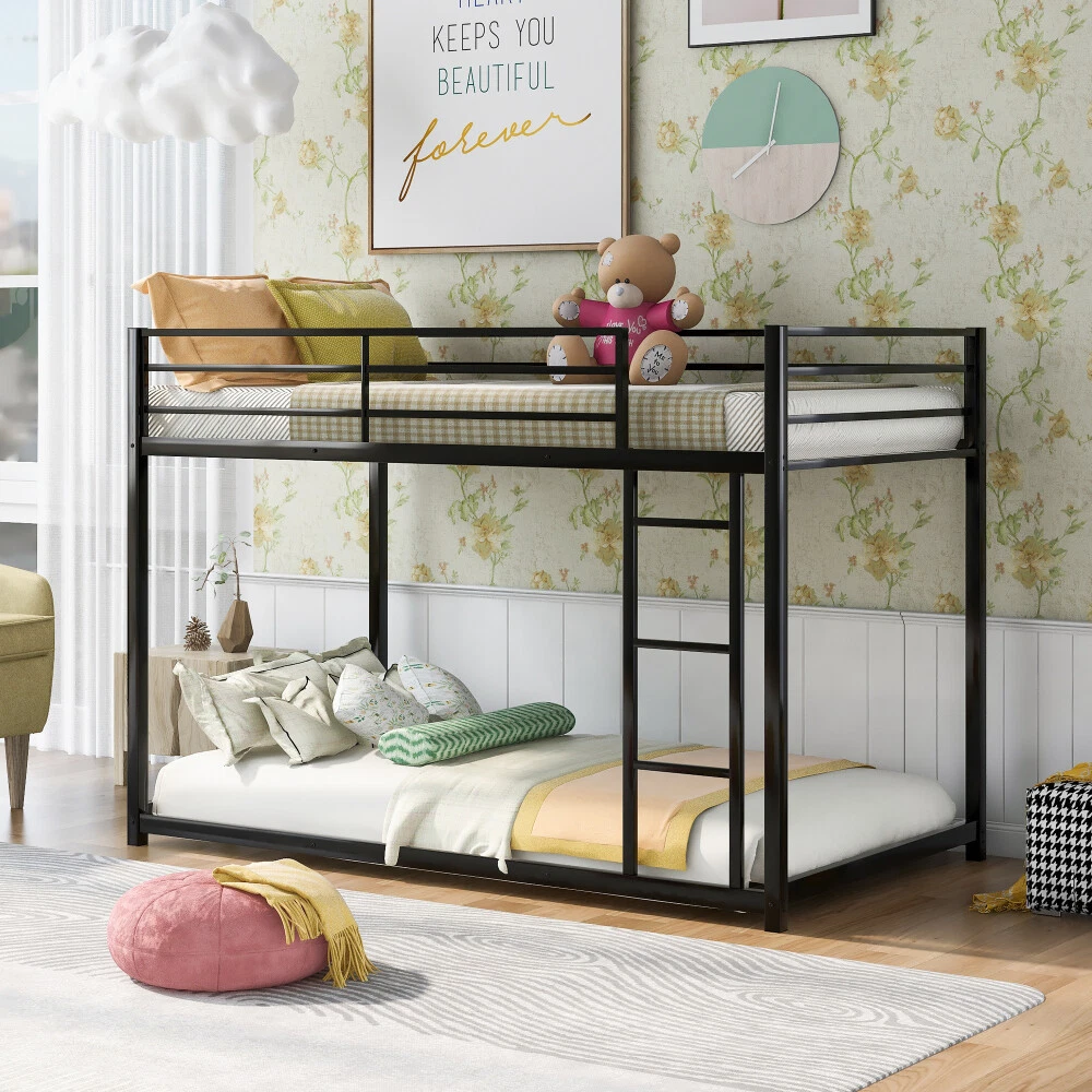 Metal Twin Over Twin Low Bunk Bed Frame With Ladde